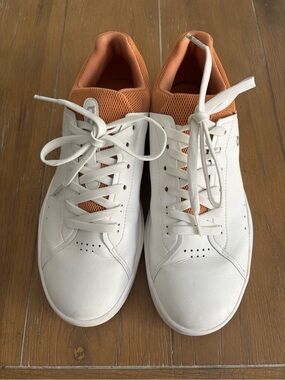 Women's White Leather Sneakers with Orange Mesh Collar
